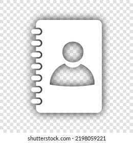 Signo de libreta de direcciones. Icono blanco con sombra gris natural caída en fondo transparente. Ilustración.