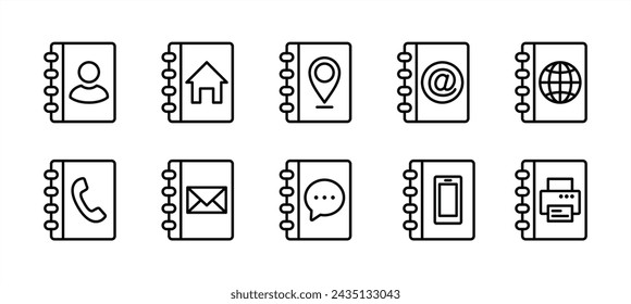 Conjunto de iconos de línea fina de libreta de direcciones. Conteniendo contacto, usuario, ubicación del hogar, correo, correo electrónico, correo electrónico, sitio web, teléfono, móvil, fax para aplicación y sitio web. Ilustración de vector