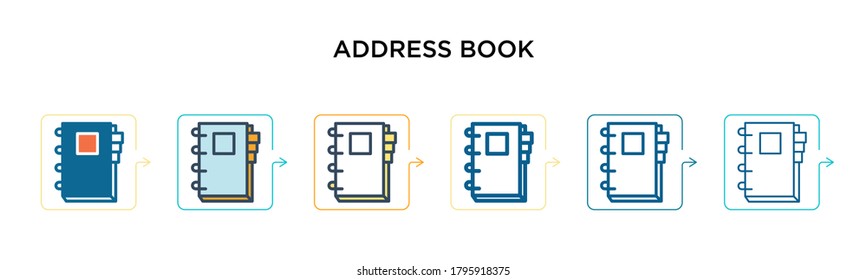 Icono vectorial de la libreta de direcciones en 6 estilos modernos diferentes. Iconos de la libreta de direcciones de color negro, diseñados con el estilo relleno, contorno, línea y trazo. La ilustración vectorial se puede usar para web, móvil, ui