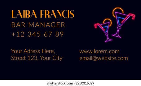 Address and contact information of bar manager. Phone number and website, email and physical location. Cocktails and alcoholic drinks ordering. Business card with logotype, vector in flat style