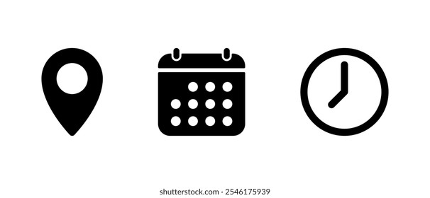 Address, date, and time icon in generic style. Location marker, calendar, and clock sign symbol. Event elements design