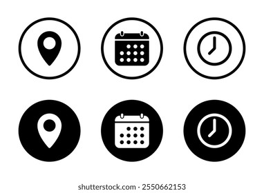 Address, date, and time icon on black circle. Location marker, calendar, and clock sign symbol	