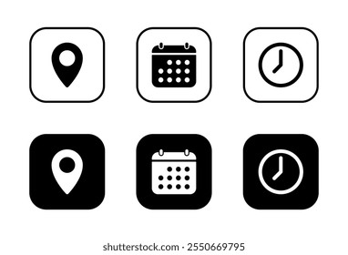 Address, date, and time icon on black square. Location marker, calendar, and clock sign symbol