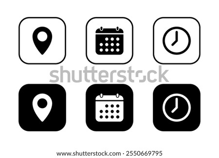 Address, date, and time icon on black square. Location marker, calendar, and clock sign symbol