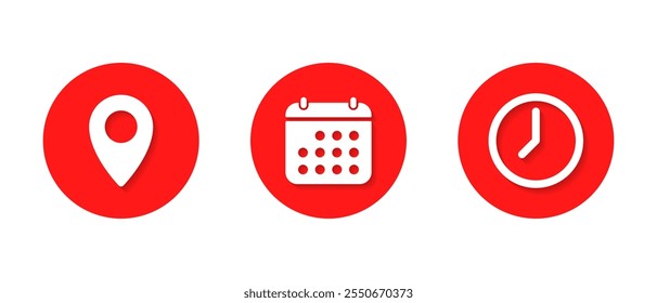 Address, date, and time icon with shadow. Location, calendar, and clock sign symbol