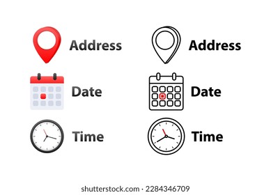 Address, date, time icons. Event elements. Location place, date reminder