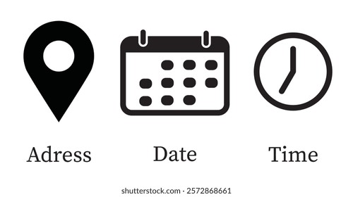 Address, Date, Time, or Place Icons on white background. Vector illustrtion.