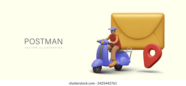 Address delivery advertising. Male character on scooter, huge envelope, geo pin