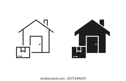 Address Delivery Symbol. Home Delivery Service Line and Silhouette Icon Set. Order Shipping To Door Pictogram. Editable Stroke. Isolated Vector Illustration.