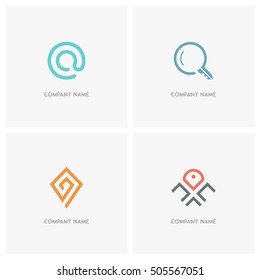 Address, email and search vector logo. Mail at sign, loupe, key and map pointer - contacts, realty and geo icons.