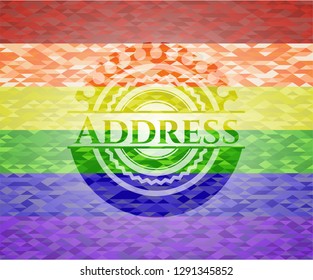 Address emblem on mosaic background with the colors of the LGBT flag
