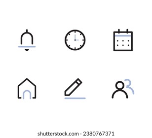 Address, home icon. Notification bell icon. Stopwatch timer icon. date Calendar icon