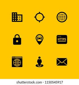 address icon. 9 address set with http, close envelope, gps and www vector icons for web and mobile app