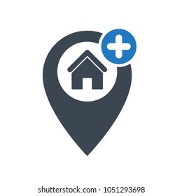 Address icon with add sign. Address icon and new, plus, positive symbol. Vector icon