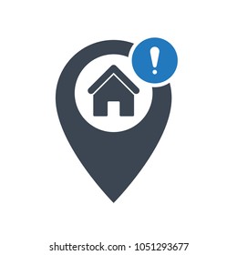 Address icon with exclamation mark. Address icon and alert, error, alarm, danger symbol. Vector icon