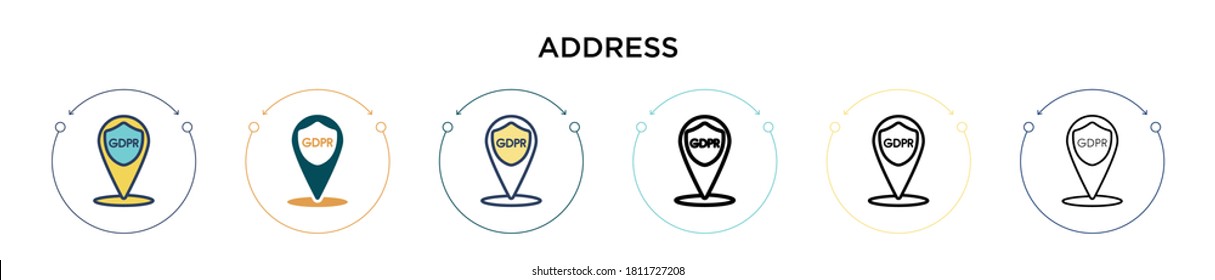 Address icon in filled, thin line, outline and stroke style. Vector illustration of two colored and black address vector icons designs can be used for mobile, ui, web