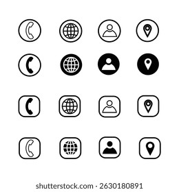 Ícone de endereço, telefone, chamada da Web, telefone e chamada, Web e endereço, conjunto de ícones, vetor