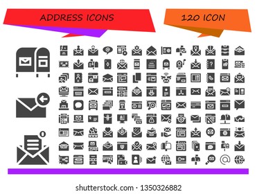 address icon set. 120 filled address icons.  Collection Of - Mailbox, Mail, Email, Business card, Arroba, Web, Card, Invitation, Inbox, Envelope, Website, Contacts, Message, Browser