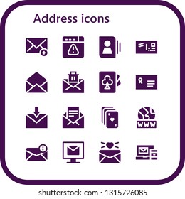 address icon set. 16 filled address icons.  Collection Of - Email, Browser, Contact, Envelope, Mail, Cards, Www