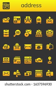 address icon set. 26 filled address icons. Included Email, Browser, Invitation, Mailbox, Mail, Inbox, Sent, Www, Envelope, Postal, Website icons