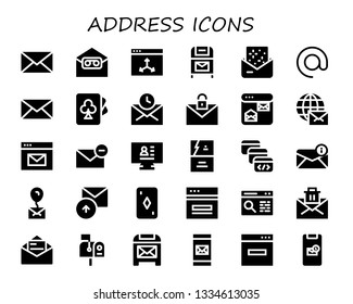 address icon set. 30 filled address icons.  Simple modern icons about  - Email, Browser, Postbox, Invitation, Arroba, Mail, Cards, CV, Business card, Browser window, Sent, Card