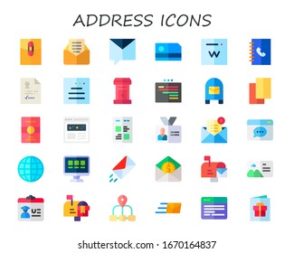 address icon set. 30 flat address icons.  Simple modern icons such as: mail, email, private message, card, domain, phone book, resume, website, letterbox, web, mailbox, cards