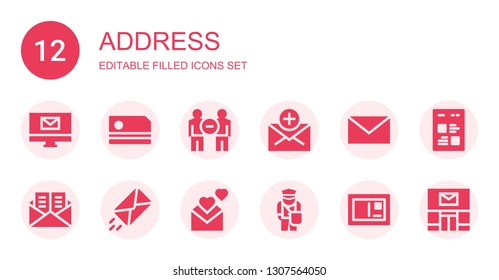 address icon set. Collection of 12 filled address icons included Email, Card, Communication, Mail, Envelope, Postman, Postcard, Web, Post office