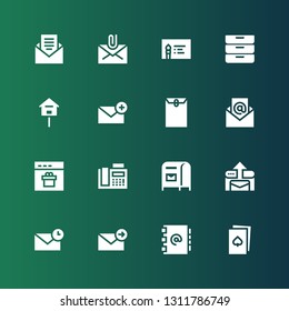address icon set. Collection of 16 filled address icons included Cards, Address book, Email, Mailbox, Fax, Browser, Envelope, Inboxes, Business card, Mail