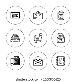 Address icon set. collection of 9 outline address icons with business card, browser, email, fax, mail, phonebook icons. editable icons.