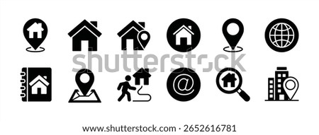Address icon set. Contains house map pointer pin location, web or website, home page, office, place, destination, E-mail, book, Searching, GPS marker. Vector illustration
