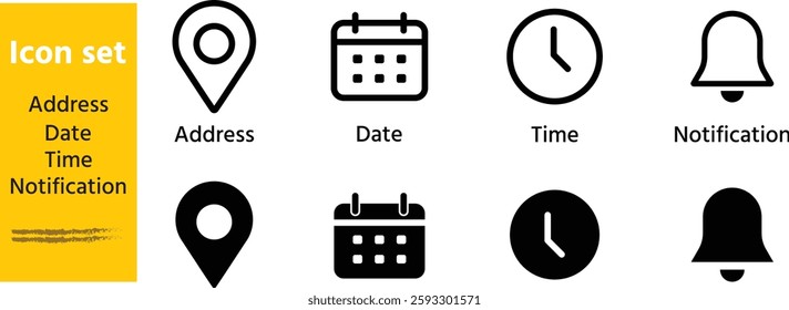 address icon set template, Date, time, location, Vector illustration of lines in dark color