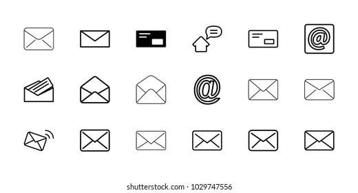 Address icons. set of 18 editable outline address icons: envelop, mail, envelope, at mail, at email, letter