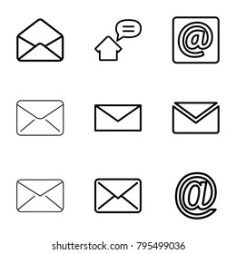 Address icons. set of 9 editable outline address icons such as mail, envelope, at mail, at email