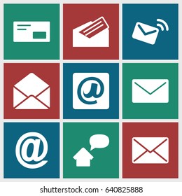 Address icons set. set of 9 address filled icons such as envelope, at email, letter, home message, envelop, mail