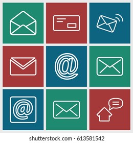 Address icons set. set of 9 address outline icons such as envelope, at email, home message, envelop, mail