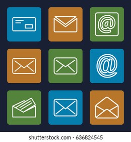 Address icons set. set of 9 address outline icons such as envelope, at email, letter, envelop, mail