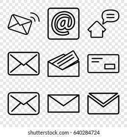 Address icons set. set of 9 address outline icons such as mail, at email, letter, home message