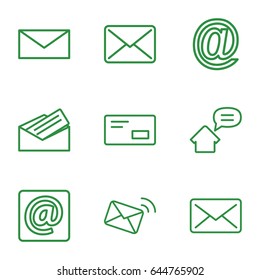 Address icons set. set of 9 address outline icons such as mail, at email, letter, home message, envelop