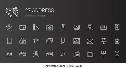 address icons set. Collection of address with browser, fax, email, id card, mail, postcard, contact, envelope, inbox, post it, mailbox, postman. Editable and scalable address icons.