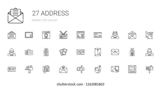 address icons set. Collection of address with email, geolocalization, mailbox, fax, id card, envelope, website, cards, mail, browser, card. Editable and scalable address icons.