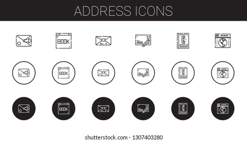 address icons set. Collection of address with email, browser, mail, postcard, phone book. Editable and scalable address icons.
