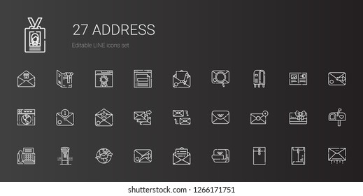 address icons set. Collection of address with envelope, post it, email, mailbox, fax, mailing, browser, letterbox, card, postcard, id card. Editable and scalable address icons.