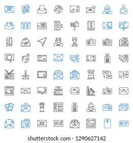 address icons set. Collection of address with id card, envelope, browser, email, postcard, fax, letterbox, cards, stationery, post it, post office. Editable and scalable address icons.