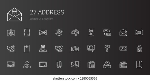 address icons set. Collection of address with inbox, fax, email, letterbox, envelope, postcard, mail, id card, mailing, postman, mailbox. Editable and scalable address icons.