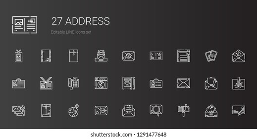 address icons set. Collection of address with mailbox, email, mail, geolocalization, envelope, id card, browser, fax, postcard, inbox, cards. Editable and scalable address icons.