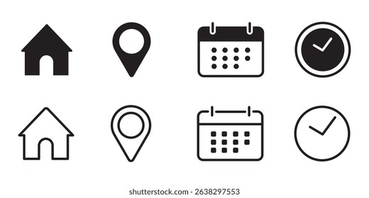 Address, location Calendar, time, clock, icon set. event, date, address, reminder, vector illustration.