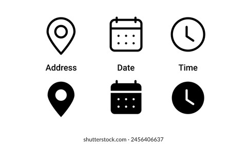 Address location icon. Stopwatch timer icon. Date Calendar icon - Web icons set