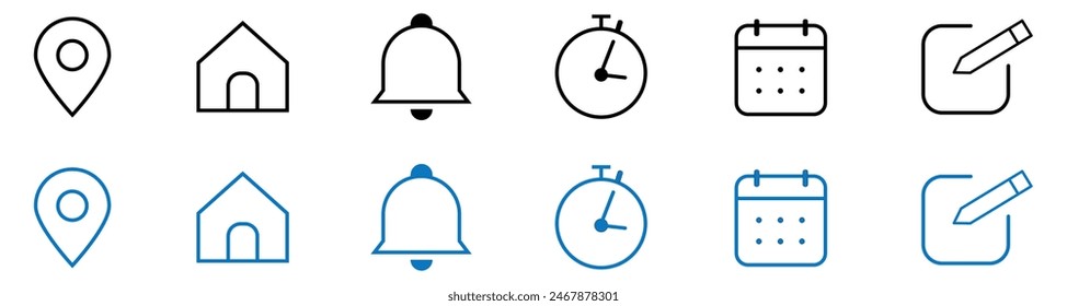 Address location icon. Stopwatch timer symbol. Date Calendar sign. Web icons set. Editable stroke.