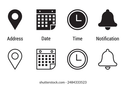 Address location icon. Stopwatch timer icon. Date Calendar and  Notification bell icon sign. Vector