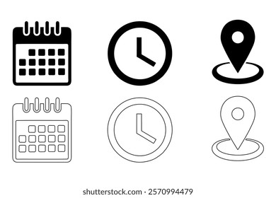 Address location icon. Stopwatch timer icon. Date Calendar icon - set icon